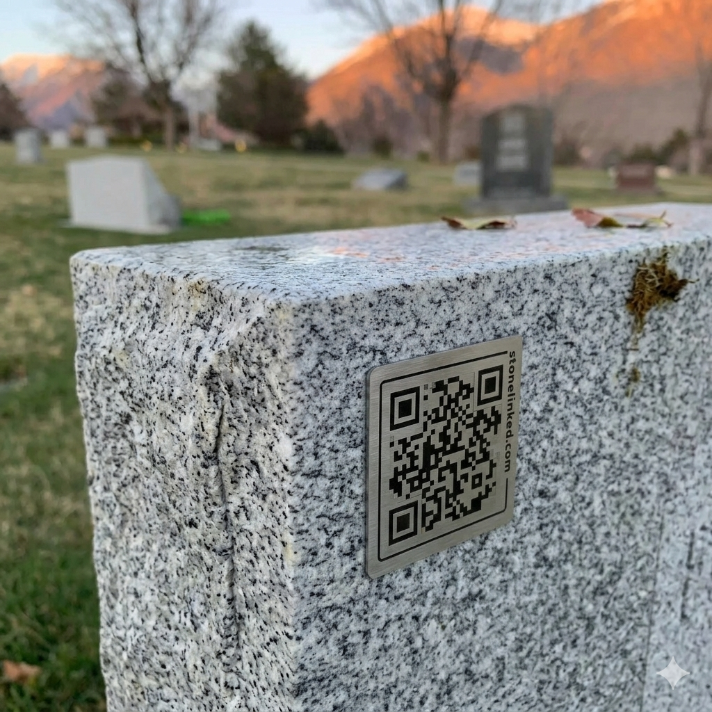 StoneLinked QR-tag bevestigd op een grafmonument met begraafplaats op de achtergrond